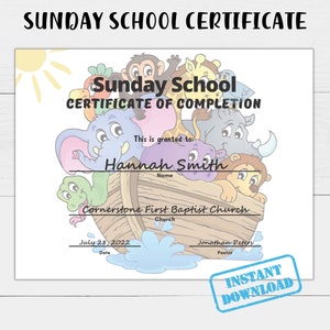PRINTABLE SUNDAY SCHOOL Certificate of Completion | Sunday School Certificate | Editable Printable Template | Instant Download 11&quot;X8.5&quot;
