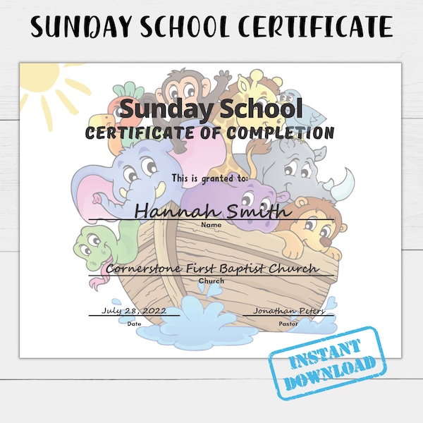 PRINTABLE SUNDAY SCHOOL Certificate of Completion | Sunday School Certificate | Editable Printable Template | Instant Download 11"X8.5"