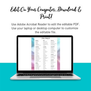 May include: A laptop computer displaying a printable college packing list. The list is divided into categories such as "Bathroom", "Clothes", "Electronics", "Laundry", "Cleaning", and "Important". The list is on a pink and blue background with gold glitter.