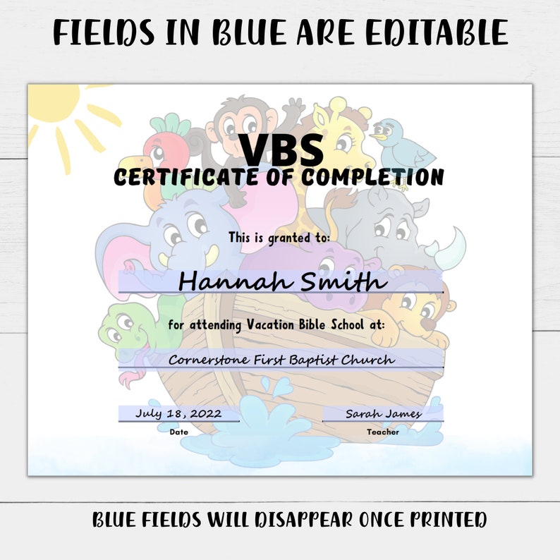 PRINTABLE VBS Vacation Bible School Certificate of Completion Editable ...