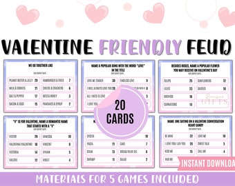 Könnte beinhalten: Ein druckbares Valentinstag-Spiel mit 20 Karten in einem rosa und violetten Farbschema. Das Spiel heißt "Valentine Friendly Feud" und beinhaltet fünf verschiedene Spiele. Die Spiele sind: "We Go Together Like", "Name a Popular Song with the Word "Love" in the Title", "Besides Roses, Name a Popular Flower You May Receive on Valentine's Day", "'V' is for Valentine, Name a Romantic Name That Starts with a 'V'", und "Name One Saying on a Valentine Conversation Heart Candy".