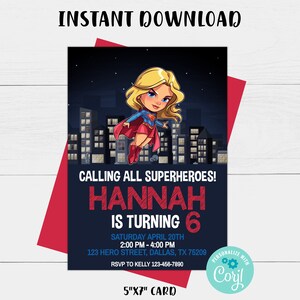Girl Superhero Birthday Invitation: Editable Template (Instant Download)