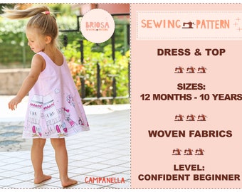 Sun dress sewing pattern for girls, sundress pdf pattern for toddlers, easy summer dress pattern for girls, simple dress pattern for girls