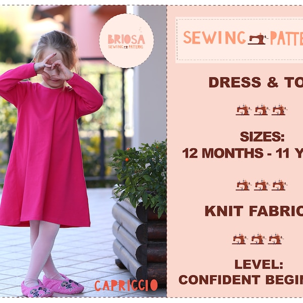 Simple A line dress pattern for girls and toddlers, Jersey dress sewing pattern with long and short sleeves, Nightgown dress pdf pattern