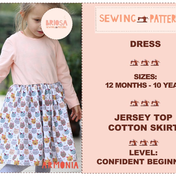 Jersey top and cotton skirt dress pattern for girls, Full skirt dress sewing pattern, Knit top and woven bottom dress pattern for toddlers