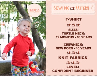 Sweatshirt sewing pattern for kids, easy tshirt pattern kids, kids tee pattern, turtle neck pattern for kids, baby tee pattern