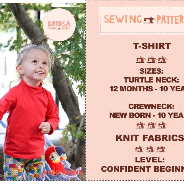 Sweatshirt sewing pattern for kids, easy tshirt pattern kids, kids tee pattern, turtle neck pattern for kids, baby tee pattern