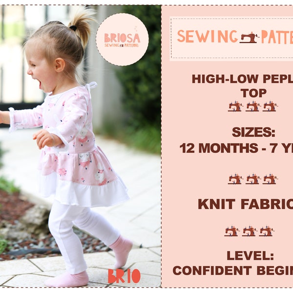 Toddler and baby tunic pattern, Baby peplum pattern with high low hemline and sleeves, Little girl asymmetrical top sewing pattern