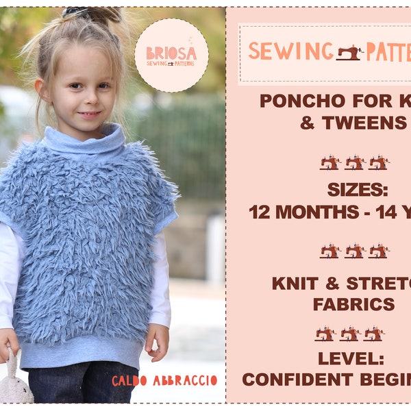 Kids poncho sewing pattern, Pullover pattern for children and tweens with dolman sleeves and turtle neck, High low hem sweater pattern