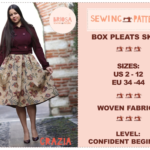 Box pleats skirt pattern, Pleated skirt sewing pattern, Midi skirt pattern for women, Vintage high waisted skirt pdf pattern