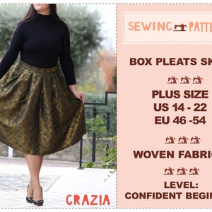 Box pleats skirt pattern, Plus size box pleated skirt sewing pattern, Midi skirt pattern for women, Vintage high waisted skirt pdf pattern