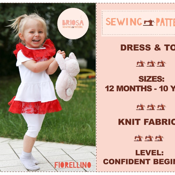 Kids ruffle neck dress and shirt pattern, Bib dress pattern for girls and toddlers, Ruffle neckline blouse and Peplum top sewing pattern