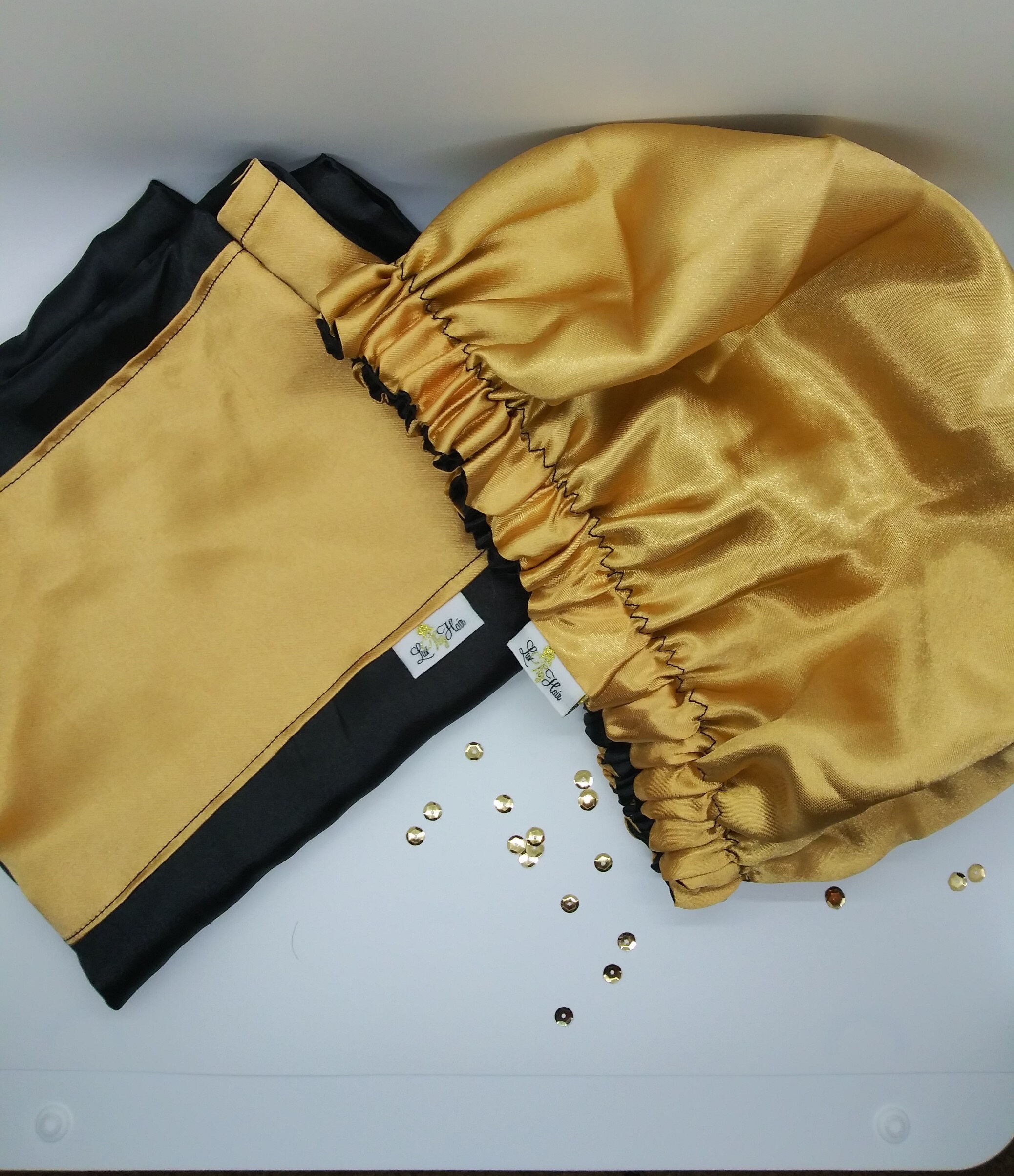 Black and gold Satin reversible bonnet with matching | Etsy
