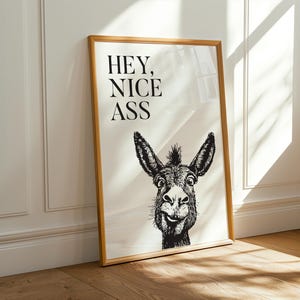 May include: A framed wall art print featuring a black and white ink-style illustration of a donkey's head. The text "HEY, NICE ASS" is printed in bold black capital letters in the upper left corner of the white background within a wooden frame.