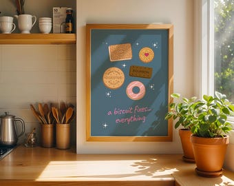 May include: A framed wall art print with a dark blue background featuring illustrations of various biscuits including a custard cream, a jam ring, a digestive, a bourbon, and a pink iced ring, with the text a biscuit fixes... everything in pink.
