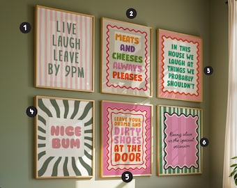 May include: A collection of six rectangular wall art prints in wooden frames, each featuring colorful typography and graphic patterns. The prints display humorous phrases including Live Laugh Leave By 9PM, Meats And Cheeses, and Nice Bum.