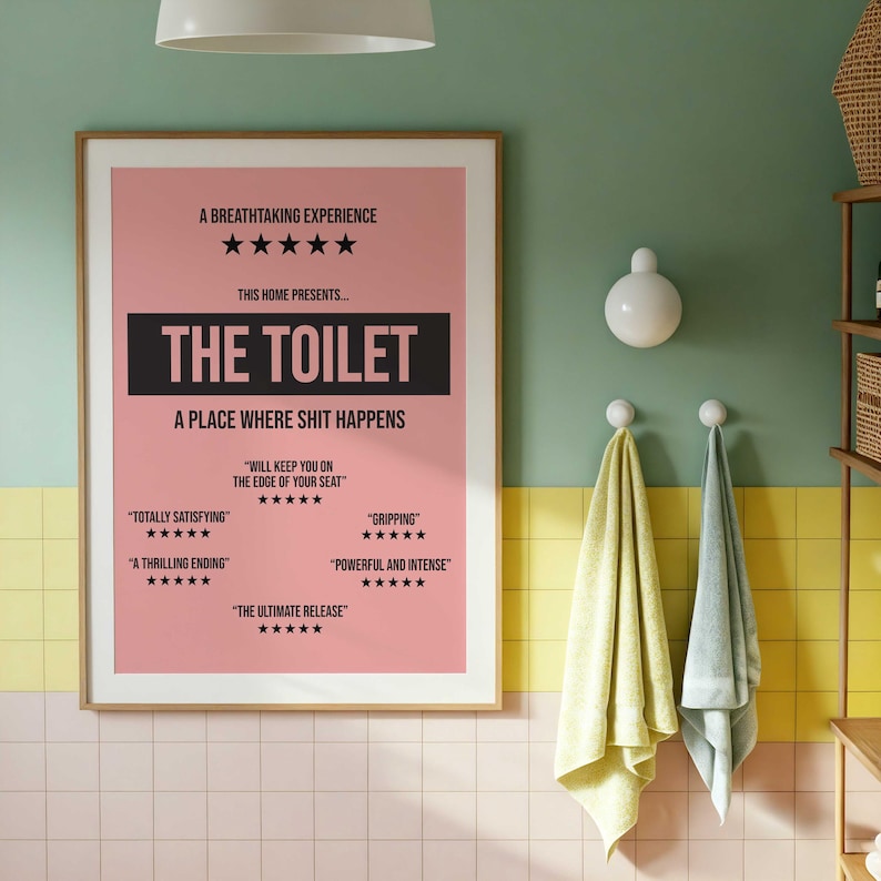 May include: A rectangular wall poster with a pink background and black text designed like a movie review. The text reads: A BREATHTAKING EXPERIENCE, THIS HOME PRESENTS... THE TOILET, A PLACE WHERE SHIT HAPPENS, and various five-star reviews.