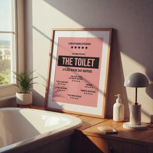 May include: A framed poster with a pink background and black text that reads: A BREATHTAKING EXPERIENCE, THIS HOME PRESENTS... THE TOILET, A PLACE WHERE SHIT HAPPENS, WILL KEEP YOU ON THE EDGE OF YOUR SEAT, TOTALLY SATISFYING, A THRILLING ENDING, GRIPPING, POWERFUL AND INTENSE, THE ULTIMATE RELEASE, all accompanied by five-star ratings.