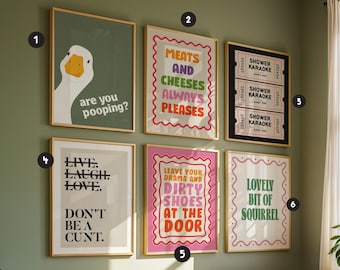 May include: A collection of six framed wall art prints featuring various graphic designs and text. The prints include a goose with the text 'are you pooping?', 'MEATS AND CHEESES ALWAYS PLEASES', 'SHOWER KARAOKE' tickets, 'LIVE. LAUGH. LOVE. DON'T BE A CUNT.', 'LEAVE YOUR DRAMA AND DIRTY SHOES AT THE DOOR', and 'LOVELY BIT OF SQUIRREL'.