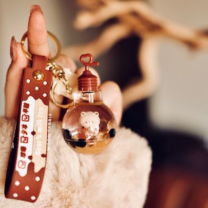 Bear’s Coffee Milk Tea Liquid Keychain, Boba Keychain, Quicksand Keychain, Kawaii Keychain, Bubble Tea Keychain, Milk Tea Keychain