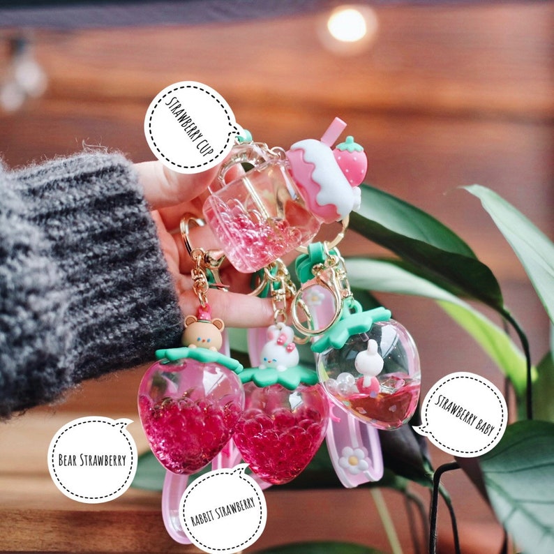 Strawberry Liquid Keychain Animal Keychain Quicksand Etsy