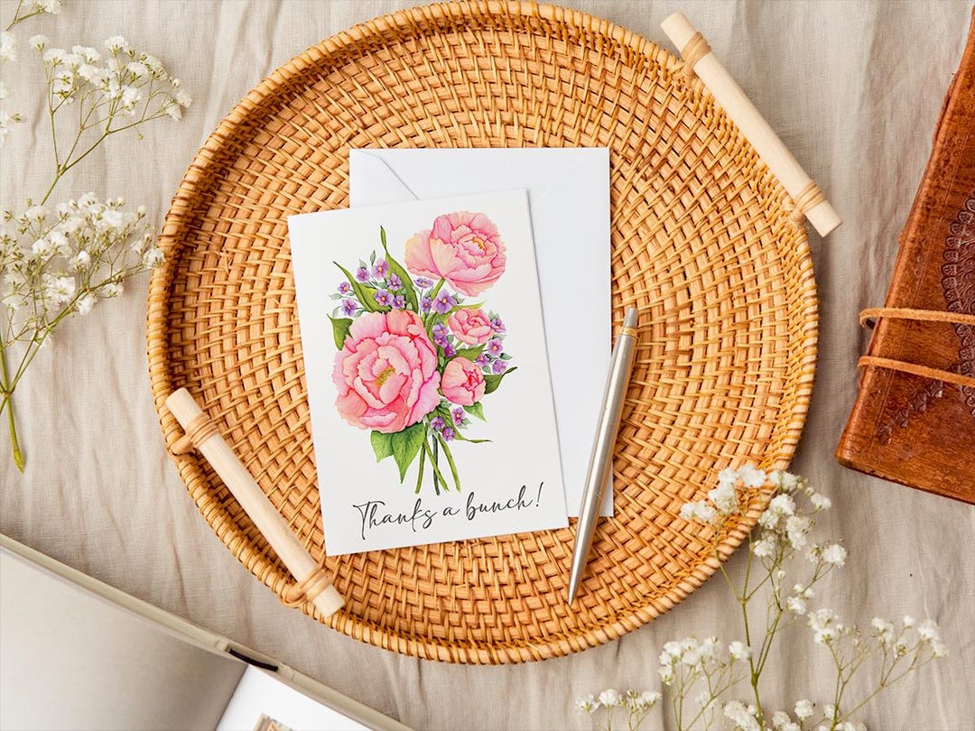 Thank You Greeting Card With Watercolor Floral Note Card Stationary ...