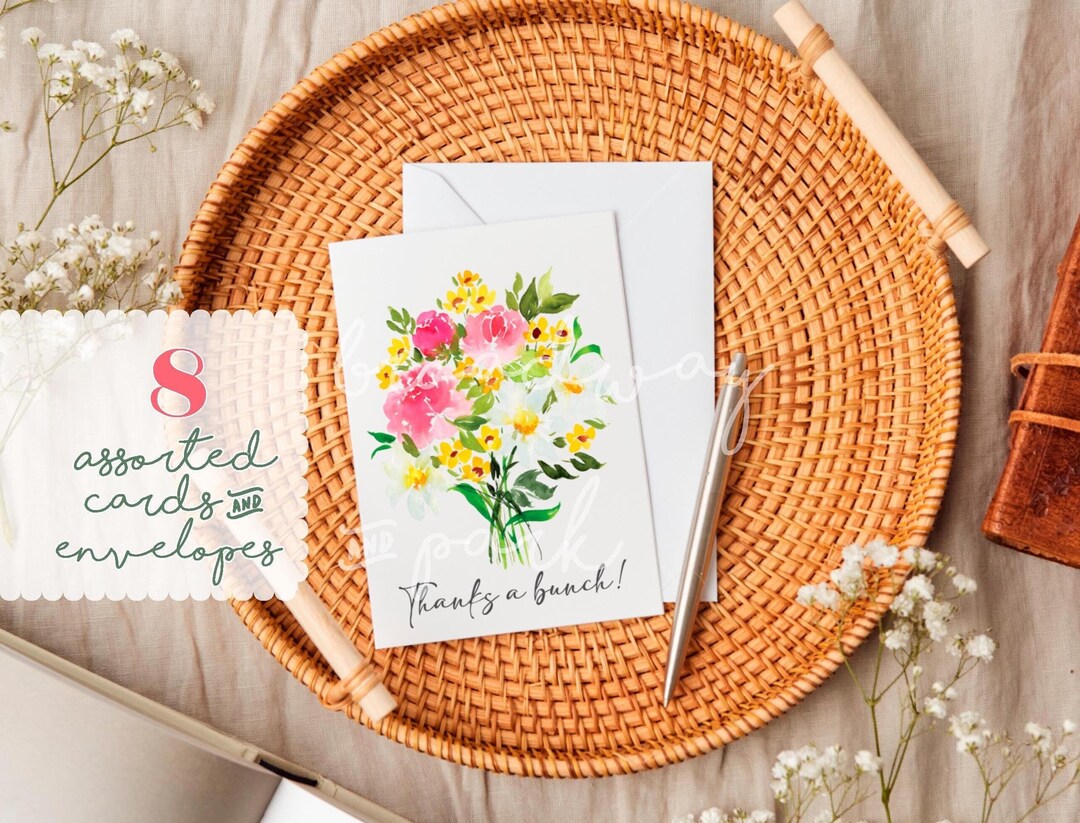 Thank You Card Set Watercolor Flower Notecards 8 Blank Greeting Cards ...
