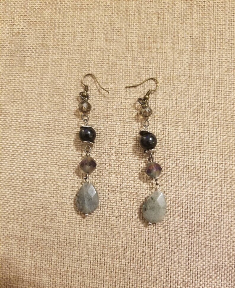 grey earrings gift for her labrodite earrings Wired beaded labrodite earrings casual earrings beaded earrings gray earrings