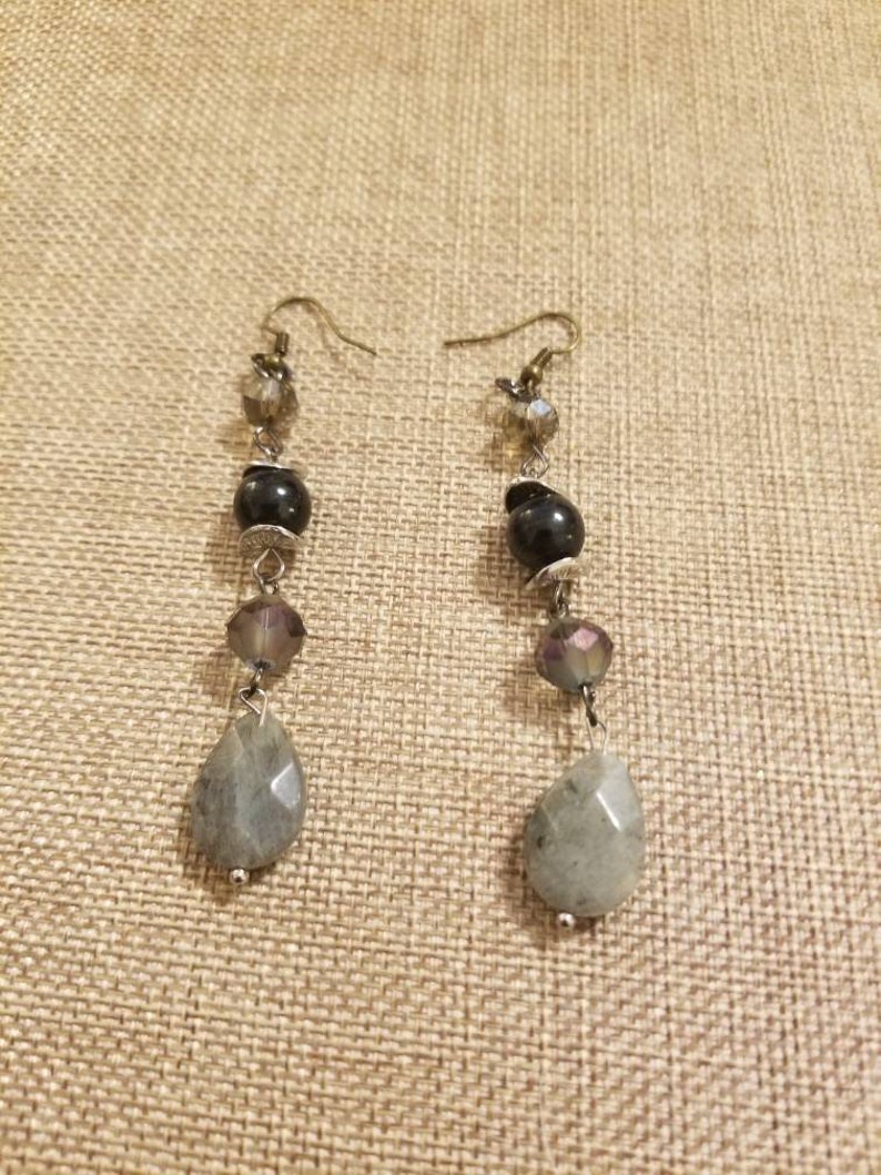 grey earrings gift for her labrodite earrings Wired beaded labrodite earrings casual earrings beaded earrings gray earrings