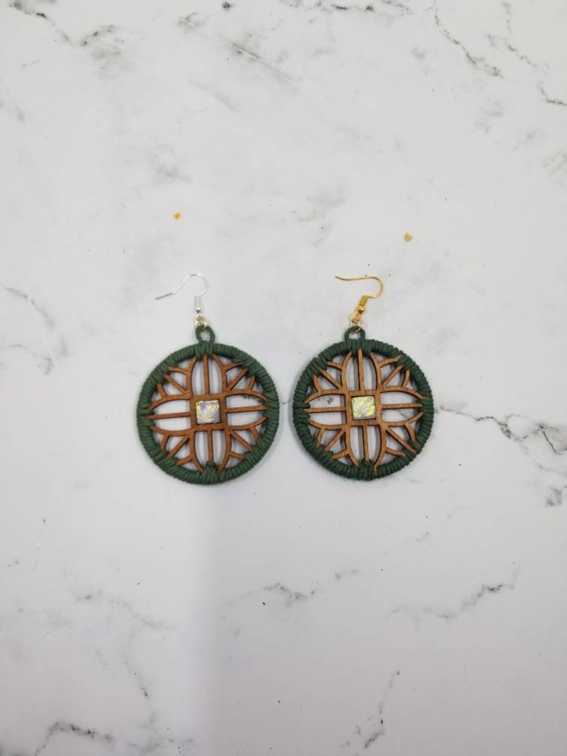 Green Boho Earrings Yarn Wrapped Earrings Wooden Earrings Etsy UK