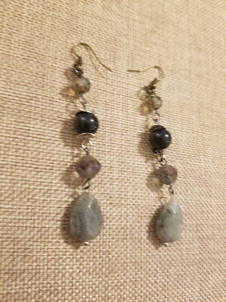 grey earrings gift for her labrodite earrings Wired beaded labrodite earrings casual earrings beaded earrings gray earrings