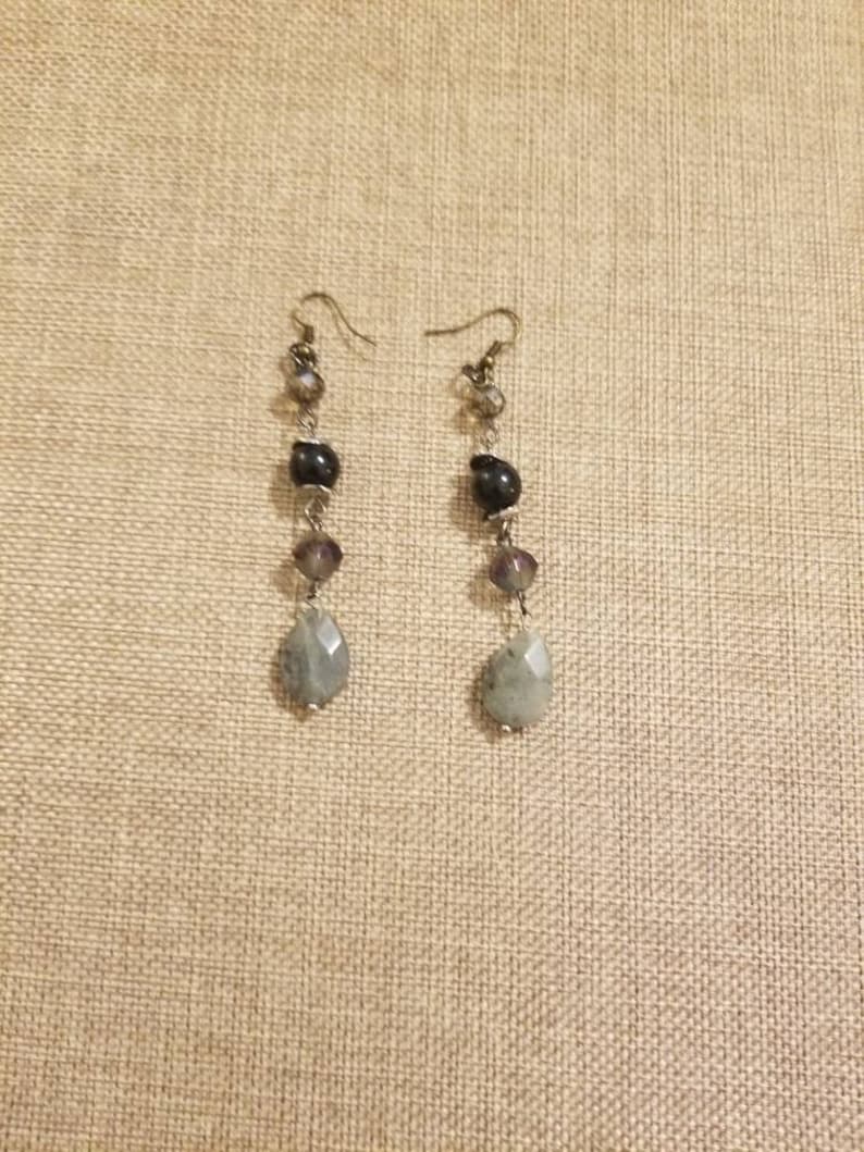 grey earrings gift for her labrodite earrings Wired beaded labrodite earrings casual earrings beaded earrings gray earrings
