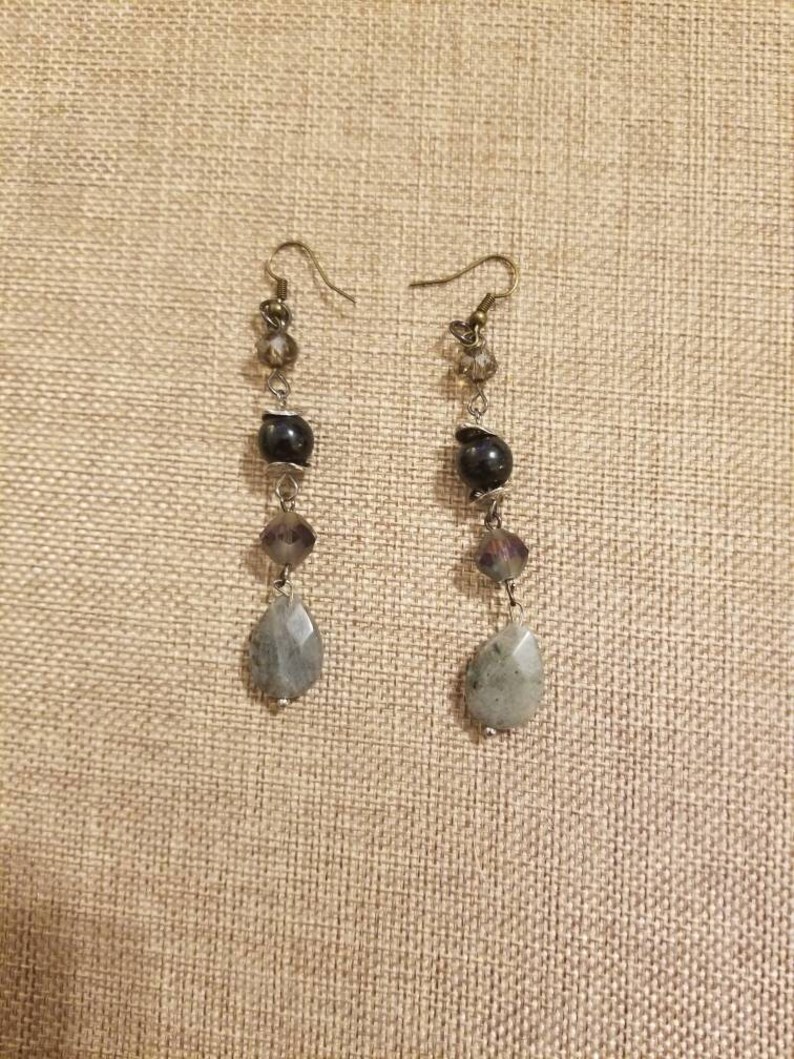 grey earrings gift for her labrodite earrings Wired beaded labrodite earrings casual earrings beaded earrings gray earrings
