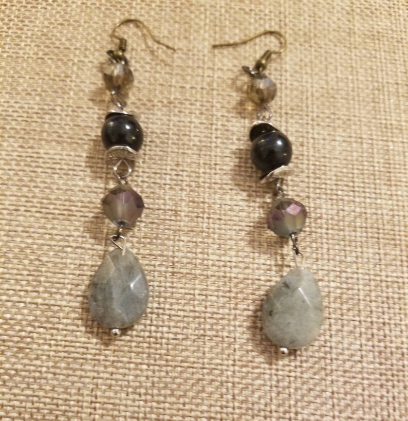 grey earrings gift for her labrodite earrings Wired beaded labrodite earrings casual earrings beaded earrings gray earrings
