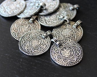 Eight Signs Buddhist Pendant in Antiqued Silver Plate. Tierracast Pewter.