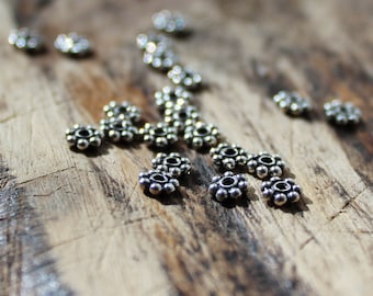 Antiqued Silver Daisy Spacer Beads: 5mm Tierracast Heishi Beads (10 Pieces)