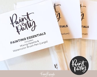 May include: Three clear plastic packages containing painting supplies, each with a white header card labeled Paint Party PAINTING ESSENTIALS. The cards specify contents including a mixing palette and watercolor brush pens in large, medium, and small sizes.