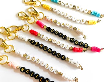 Personalized Keychain, Heishi Beads, Custom Name School College Keychain, Gift, Gold