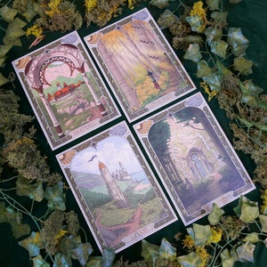 Juego de postales élficas. Juego de 4 postales. El reino de los elfos en la Tierra Media. Ilustraciones inspiradas en El Señor de los Anillos. Postales de Tolkien. Láminas