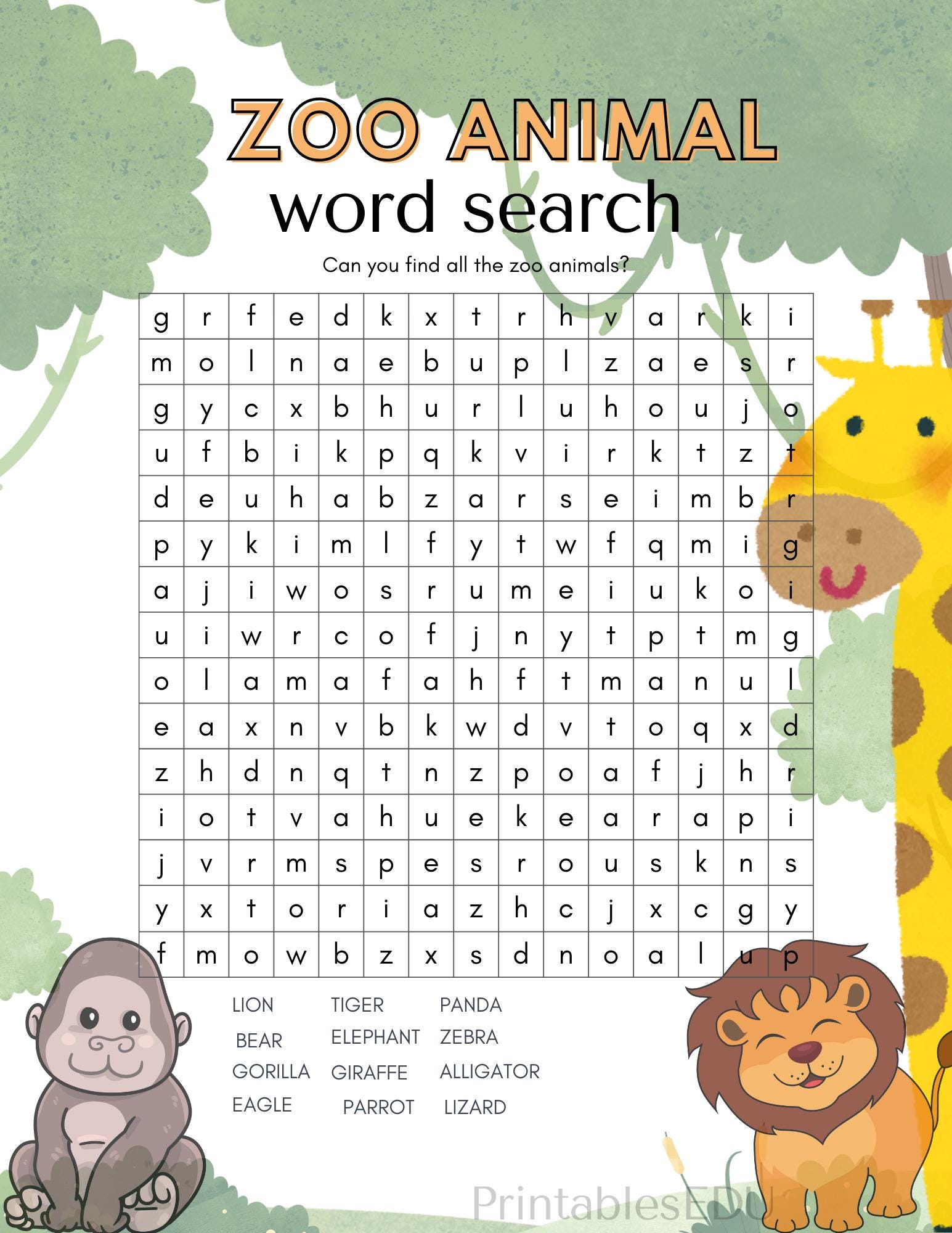 Zoo Animal Word Search: A Fun Learning Activity for Students - Etsy