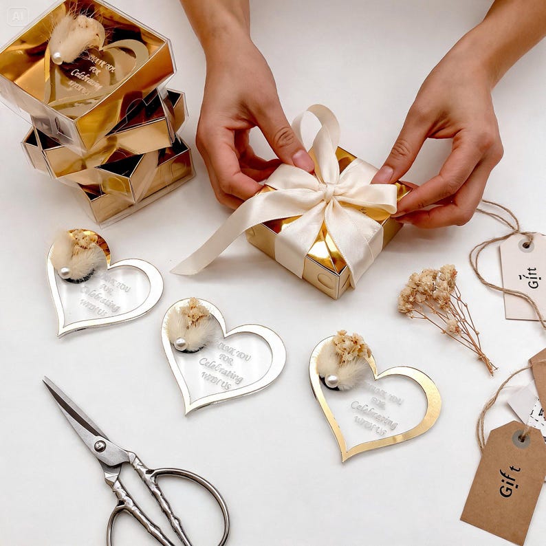 May include: A gold-trimmed square gift box tied with a cream ribbon, surrounded by heart-shaped acrylic tags with dried flowers and pearl accents. Each tag features the text Thank you for celebrating with us. Includes metal scissors and gift tags.