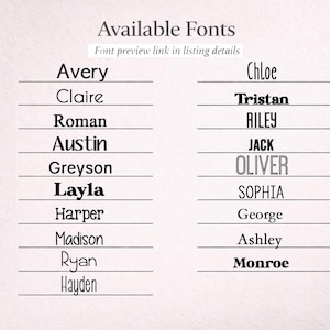 May include: A list of available fonts displayed in two columns with the heading Available Fonts and the subtext Font preview link in listing details. The names Avery, Claire, Roman, Austin, Greyson, Layla, Harper, Madison, Ryan, Hayden, Chloe, Tristan, Riley, Jack, Oliver, Sophia, George, Ashley, and Monroe are written in various typefaces.