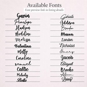 May include: A chart titled Available Fonts with the text Font preview link in listing details. It displays two columns of names written in various black script and print typefaces, each positioned above a horizontal black line.