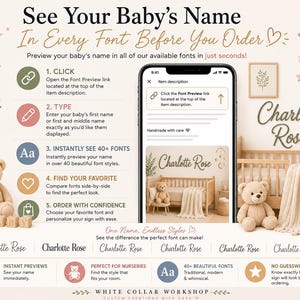 May include: An instructional graphic for a custom name sign service featuring a smartphone displaying a font preview tool. The layout includes five numbered steps, a list of benefits, and the name Charlotte Rose in various fonts, alongside teddy bears.