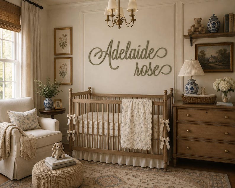 May include: A wooden wall sign featuring the name Adelaide rose in a cursive script font, mounted above a wooden crib with a white floral quilt, a beige armchair, a wooden dresser, and a lamp in a room with framed botanical wall art.