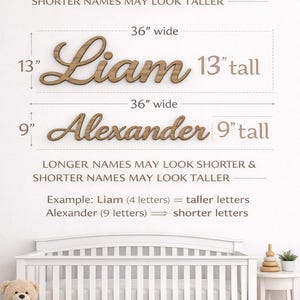 May include: A wooden wall sign featuring the names Liam and Alexander in a cursive font. Text indicates letter height varies, with examples showing 36 inches wide by 13 inches tall for Liam and 36 inches wide by 9 inches tall for Alexander.