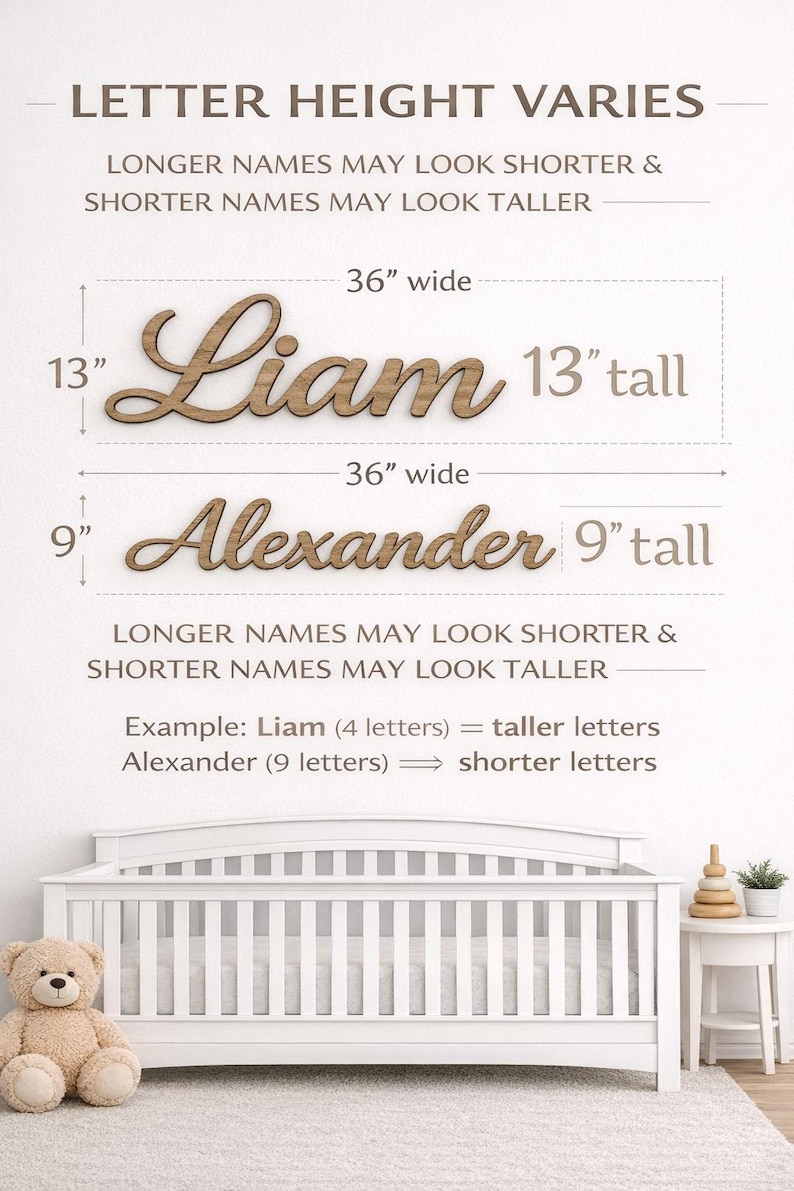 May include: A wooden wall sign featuring the names Liam and Alexander in a cursive font. Text indicates letter height varies, with examples showing 36 inches wide by 13 inches tall for Liam and 36 inches wide by 9 inches tall for Alexander.