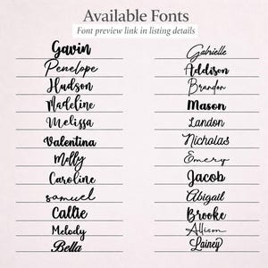 May include: A chart titled Available Fonts with the subtitle Font preview link in listing details. It displays two columns of black text names in various script and print styles, each positioned above a thin horizontal line for reference.