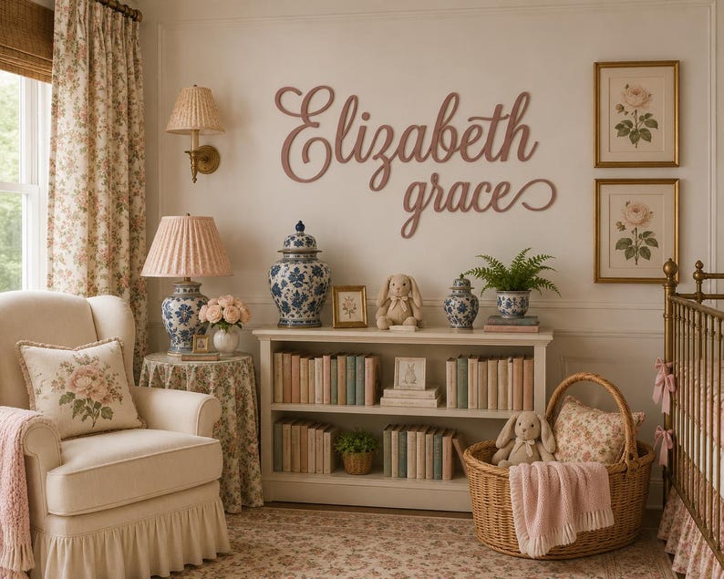 Grandmillennial Nursery Name Sign, Personalized Baby Name Sign, Vintage Nursery Decor, Custom Wood Nursery Name, Heirloom Baby Room Decor image 3