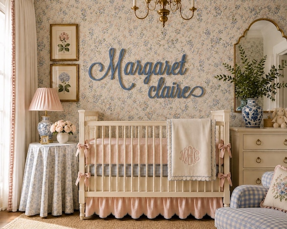 Grandmillennial Nursery Name Sign, Personalized Baby Name Sign, Vintage Nursery Decor, Custom Wood Nursery Name, Heirloom Baby Room Decor